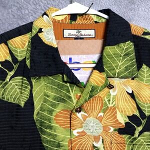 Tommy Bahama Shirt Men Medium Black Green Silk Blend Floral Hawaiian Camp Ribbed